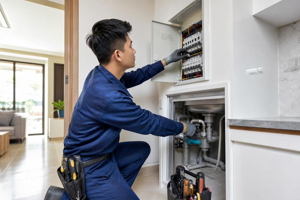 Thợ sửa điện nước kiểm tra đường ống và bảng điện tại nhà ở Cần Thơ