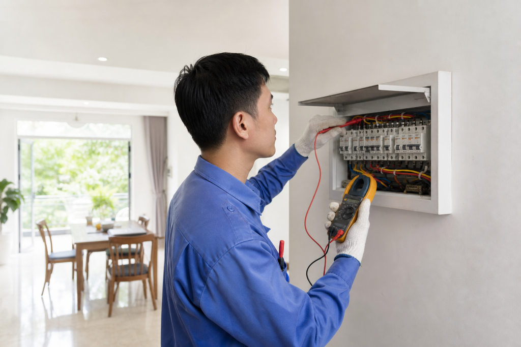 Thợ điện Vĩnh Long đang kiểm tra bảng điện gia đình để xử lý sự cố điện an toàn