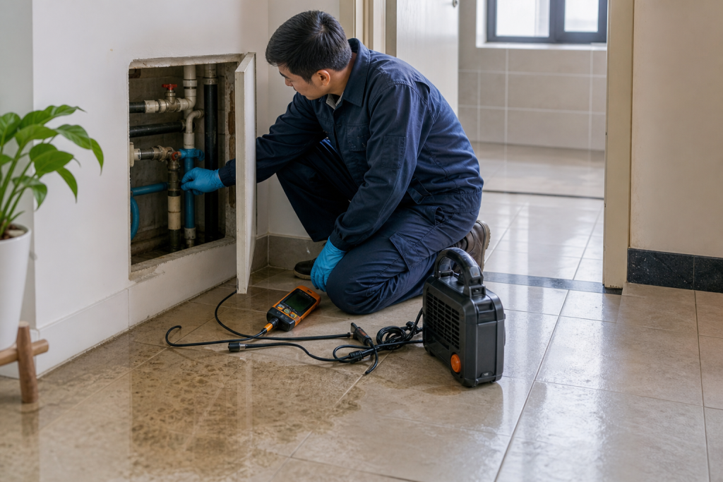 Thợ sửa ống nước kiểm tra sự cố bể ngầm dưới nền nhà tại Cần Thơ