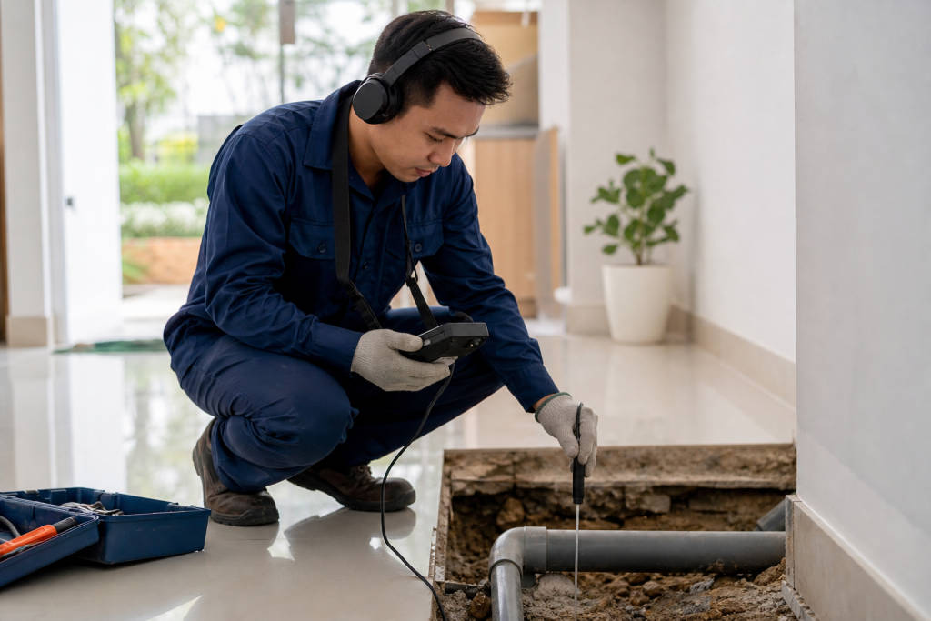 Thợ đang kiểm tra và sửa ống nước bể ngầm tại nhà ở Cần Thơ