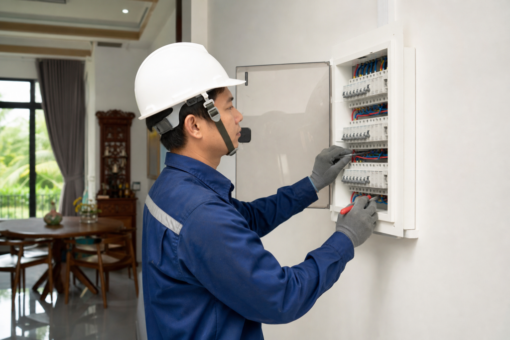 Thợ điện chuyên nghiệp kiểm tra tủ điện dân dụng tại Vĩnh Long